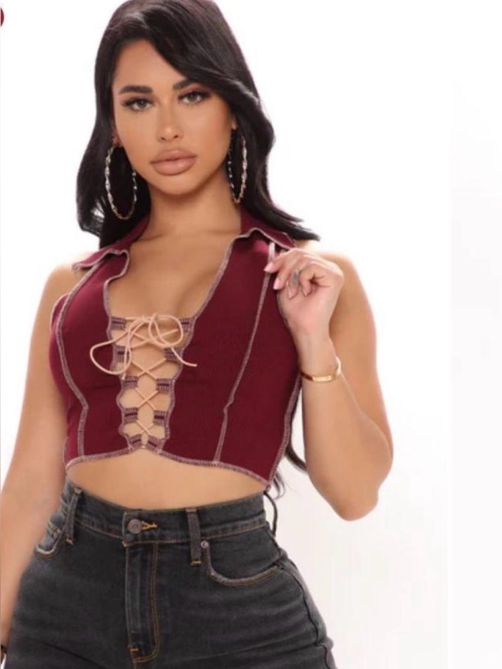 Sleeveless Lace-Up Crop Top in Wine